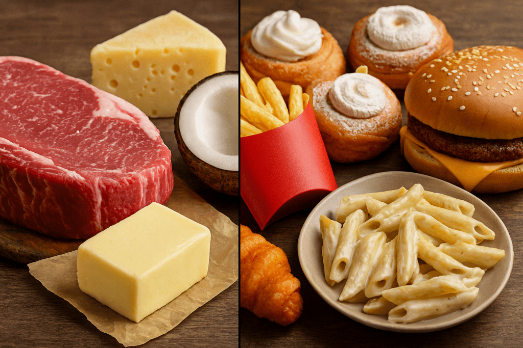 Split-screen showing natural sources of trans fat or saturated fats like butter, cheese, coconut, and red meat on one side, contrasted with ultra-processed foods like pastries, fast food, and creamy pasta on the other.