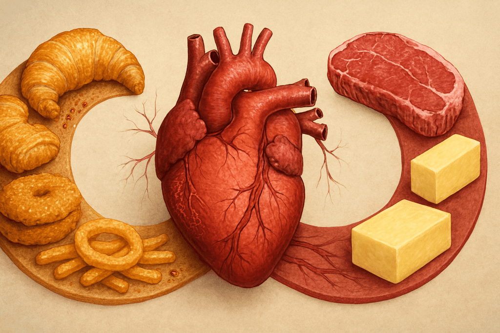 Conceptual illustration of a human heart between two food paths—one with fried foods showing plaque buildup for trans fat or saturated fats, and the other with red meat and butter.