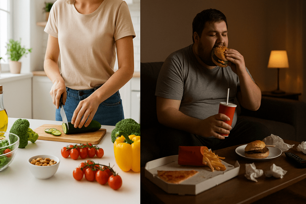 Healthy woman preparing vegetables in a bright kitchen contrasted with a man eating fast food high in trans fat or saturated fats on a dark couch.