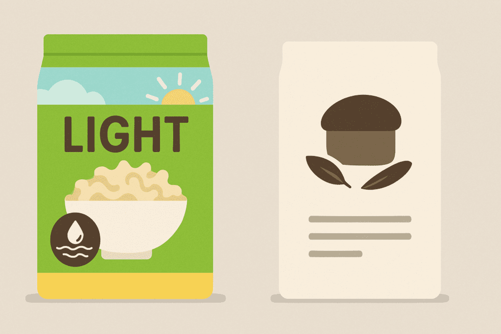 Side-by-side food labels showing misleading bright packaging hiding trans fat or saturated fats versus a plain label with whole ingredients