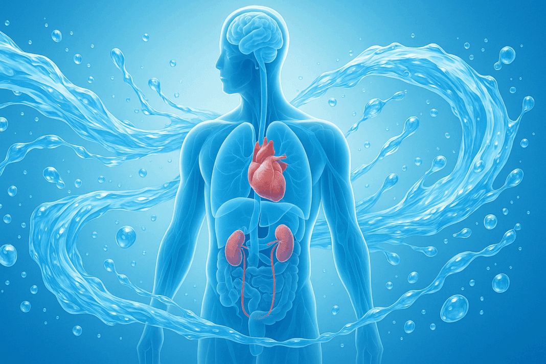 Transparent human body surrounded by flowing water streams showing how the body uses water to hydrate the brain, heart, kidneys, and muscles