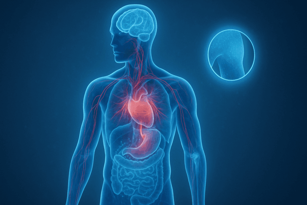 3D anatomical illustration showing how the body uses water to support the brain, heart, digestive system, joints, and skin through hydration.