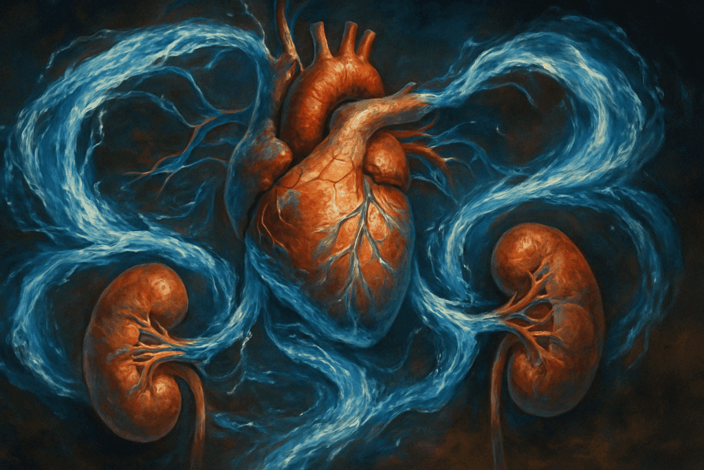 Artistic visualization of how the body uses water to support heart function, blood circulation, and kidney detoxification through dynamic fluid pathways