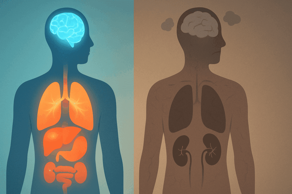 Side-by-side comparison showing how the body uses water to support healthy organs versus effects of chronic dehydration like dull skin and stressed kidneys