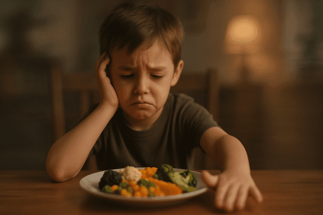 Distressed child sitting alone at a dining table pushing away a plate of colorful food, illustrating Avoidant or Restrictive Eating in a soft-lit setting.