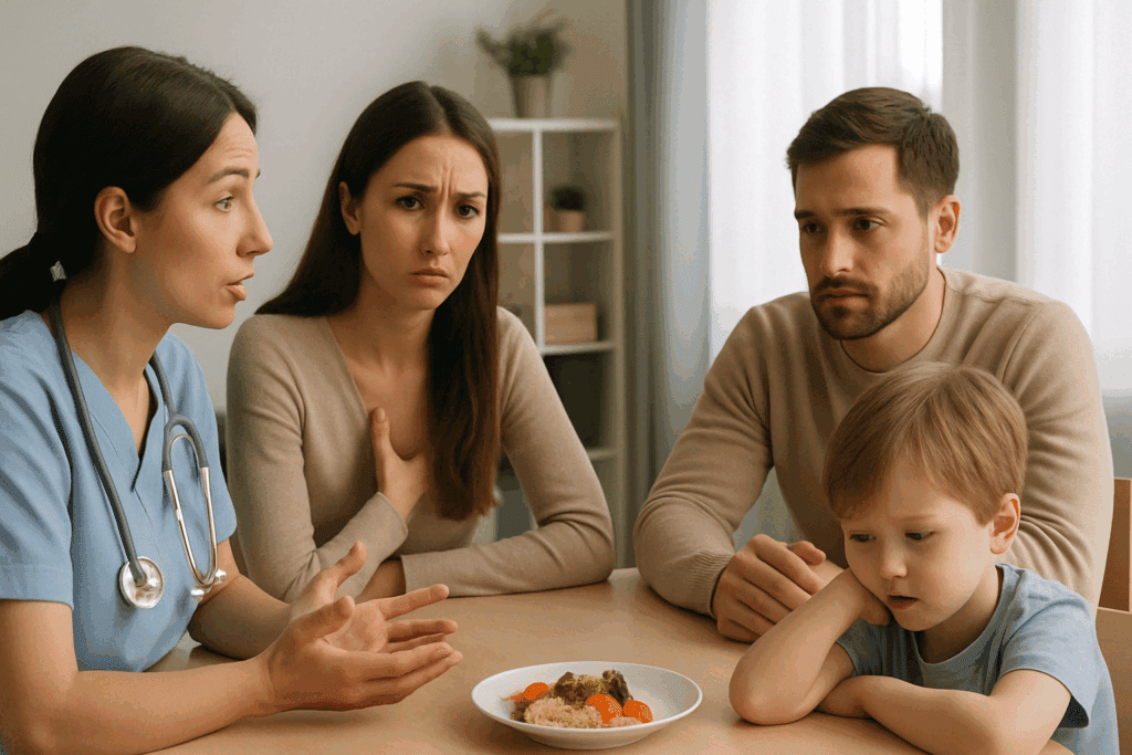 Pediatric doctor consulting concerned parents while observing a withdrawn child with untouched food, highlighting signs of Avoidant or Restrictive Eating.