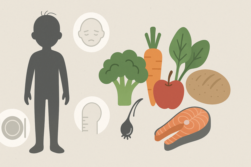 Silhouette of a child beside healthy foods and icons symbolizing nutrient deficiencies, illustrating effects of Avoidant or Restrictive Eating