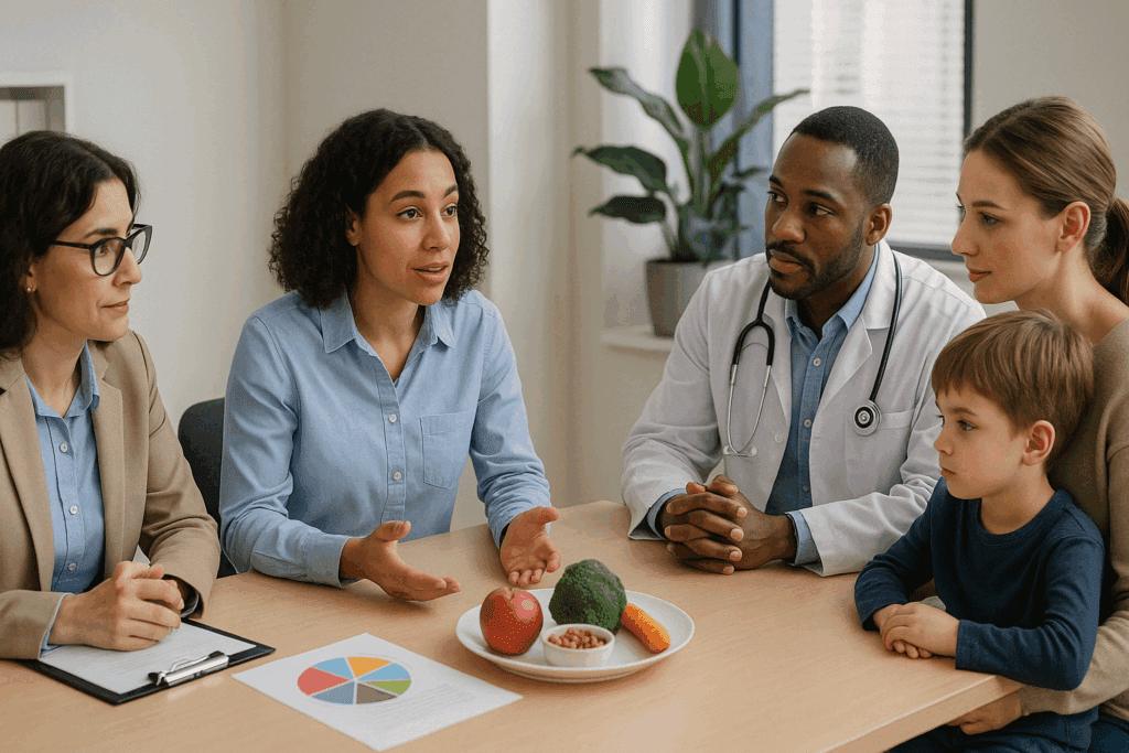 Therapist, dietitian, and pediatrician collaborating with a caregiver and child during a team-based session for Avoidant or Restrictive Eating