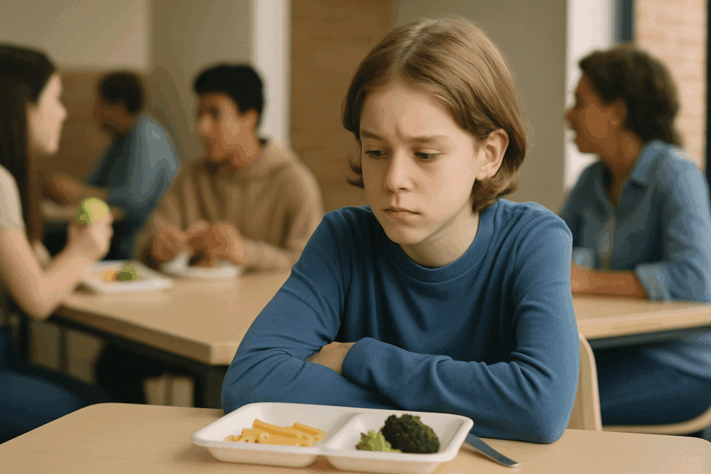 Sad young boy with untouched lunch tray sitting alone in cafeteria, symbolizing social impact of Avoidant or Restrictive Eating.