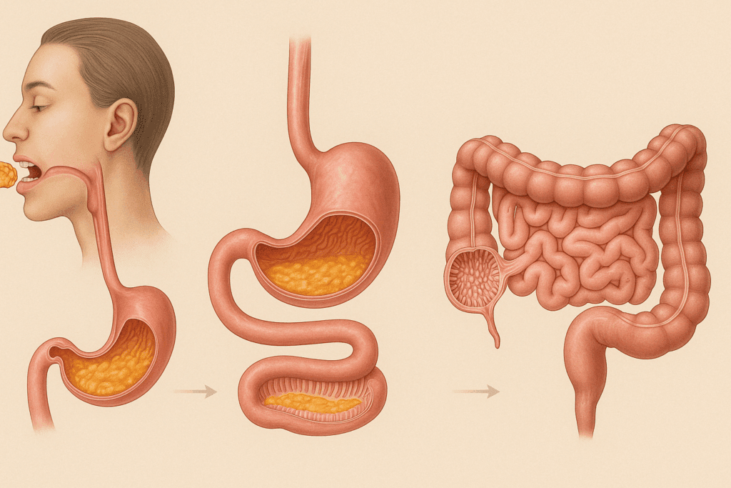 Step-by-step visual of the human digestive process showing how long does it take for food to digest from chewing to elimination