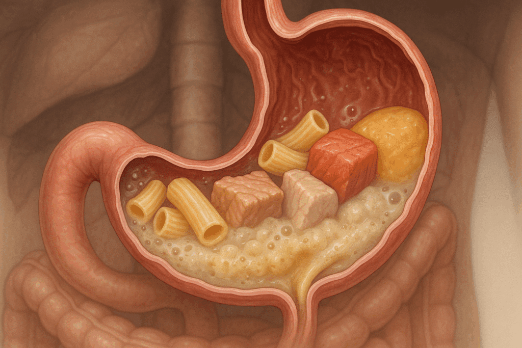 Medical illustration of food digesting in the human stomach, showing how long does it take for food to digest based on type and texture.