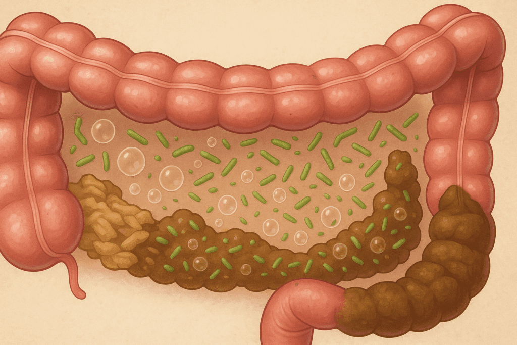 Cross-sectional view of the colon showing stages of digestion from fibrous food to stool, illustrating how long does it take for food to digest