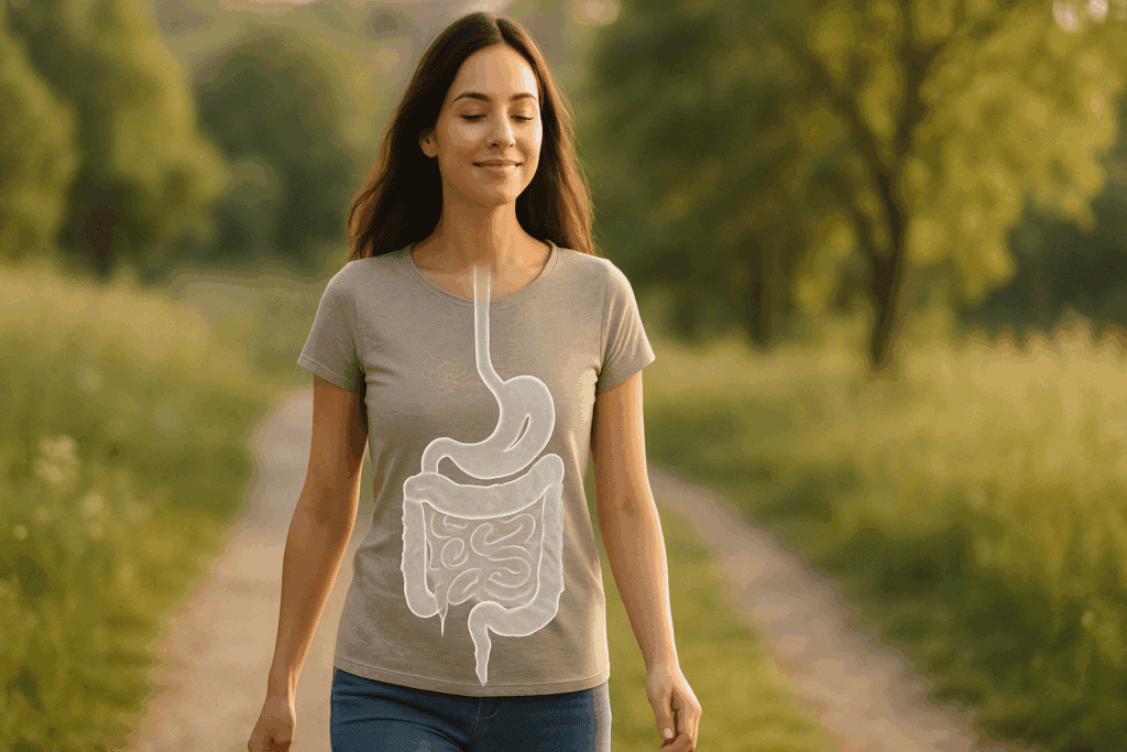 Person walking peacefully outdoors after a meal, with a transparent overlay of digestive organs, illustrating how long does it take for food to digest.