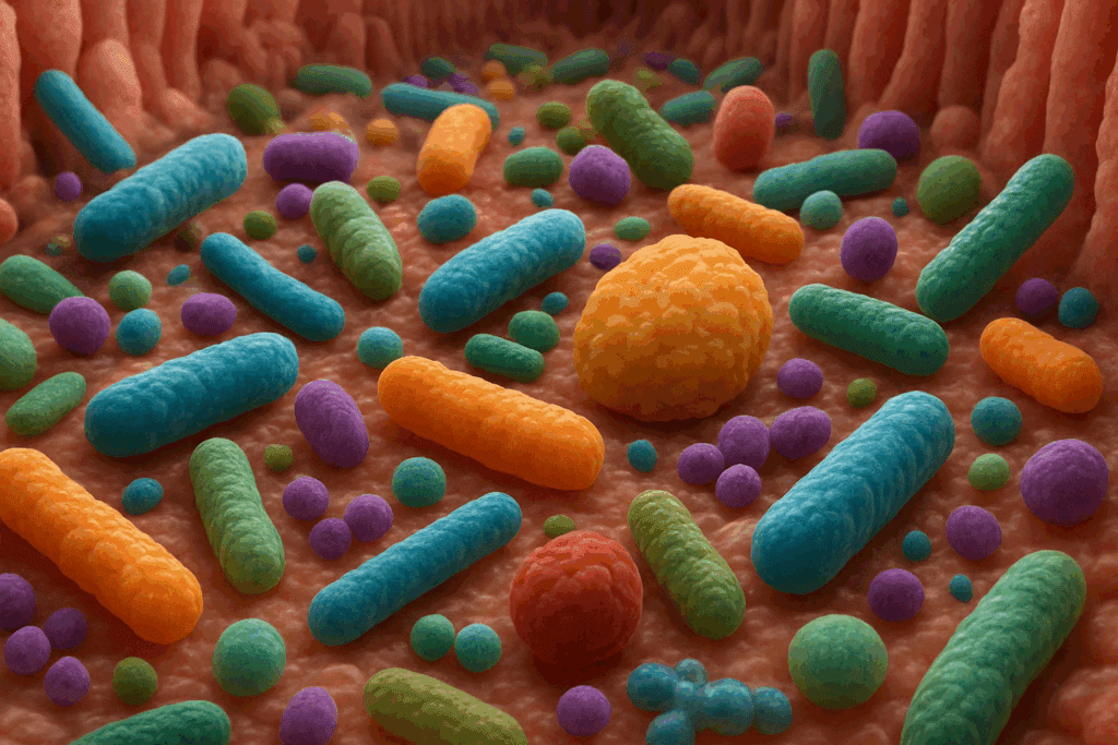 Microscopic view of gut bacteria interacting with food particles inside the intestine, illustrating how long does it take for food to digest
