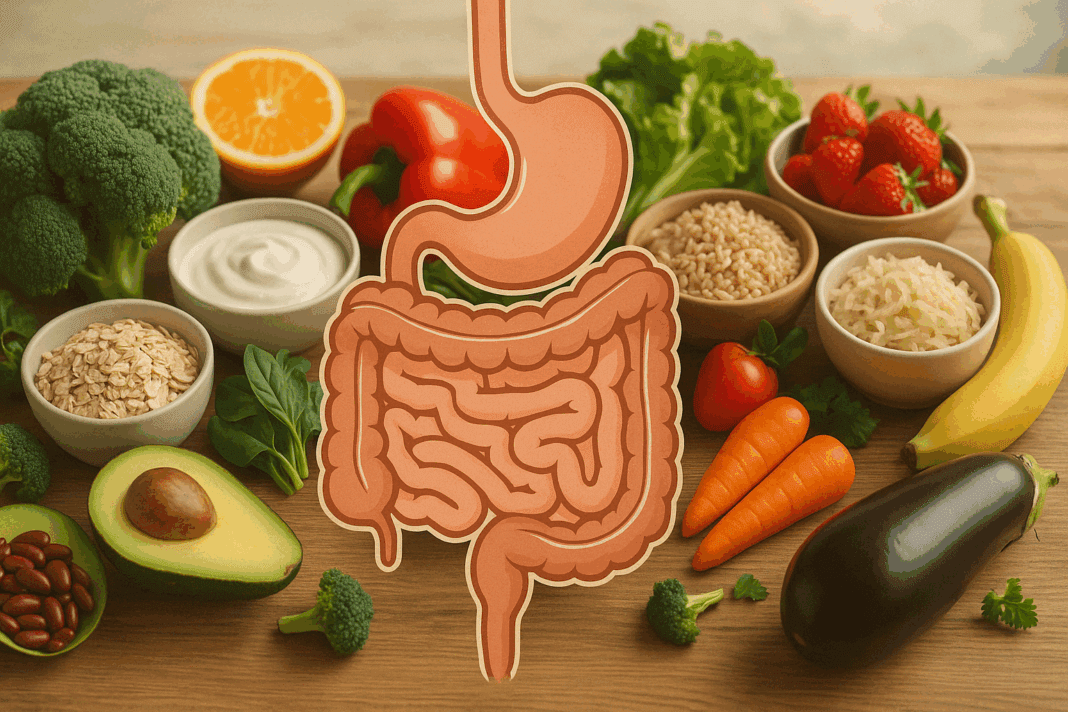 Stylized digestive system overlaid on whole foods like fruits, vegetables, grains, and fermented items, visually representing what helps digestion naturally.