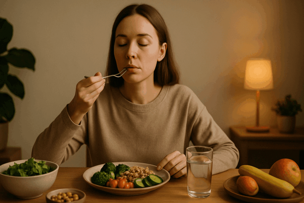 Person eating mindfully at a calm table with whole foods, illustrating what helps digestion through relaxed, focused mealtime habits
