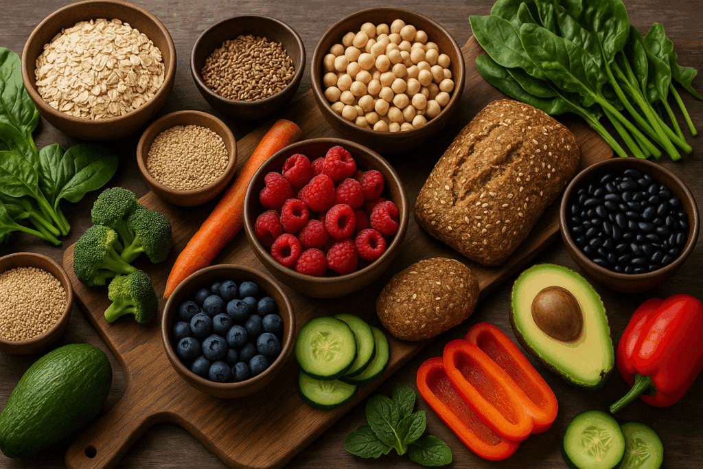 Colorful spread of high-fiber foods including whole grains, legumes, berries, vegetables, and leafy greens that highlight what helps digestion.