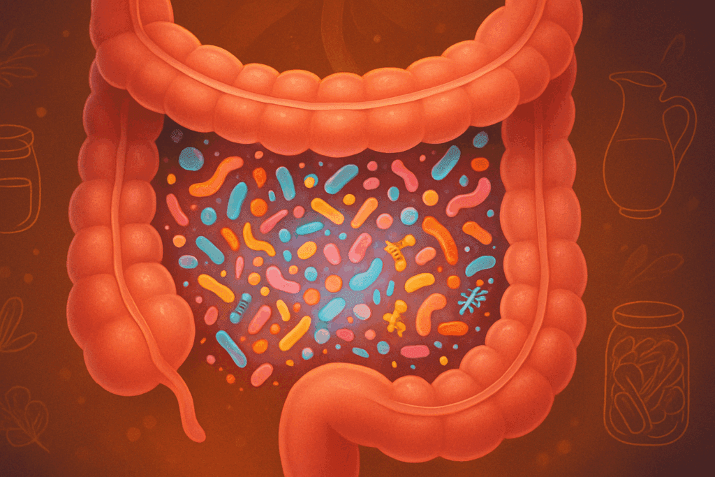 Artistic rendering of human intestines glowing with colorful gut bacteria, symbolizing what helps digestion through a healthy microbiome