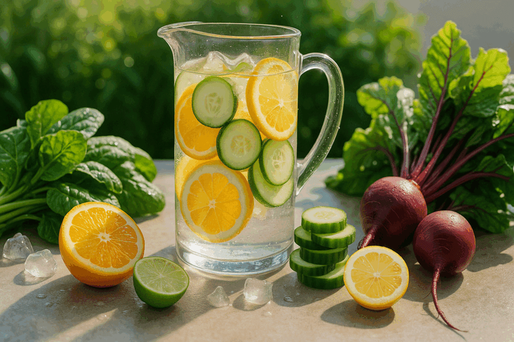 Refreshing citrus and cucumber water pitcher with leafy greens and beets in sunlight, showcasing what helps digestion through hydration and electrolytes.