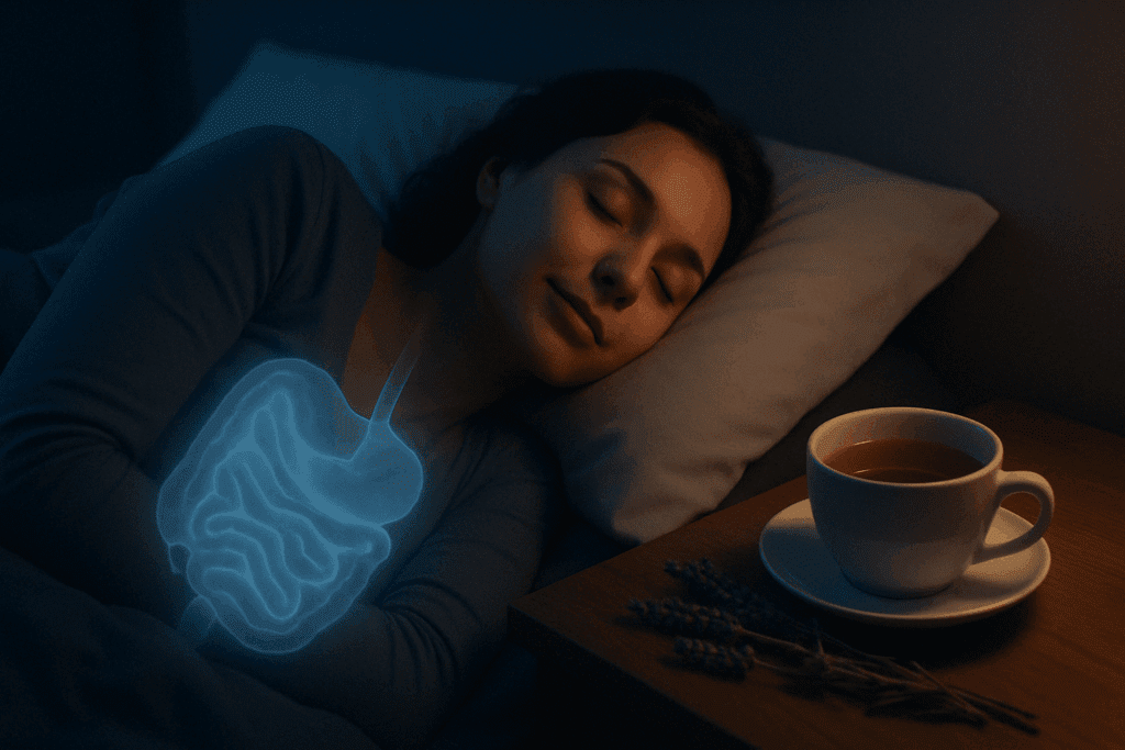 Woman sleeping peacefully in bed with glowing gut overlay, herbal tea, and lavender nearby, illustrating what helps digestion through rest and self-care.
