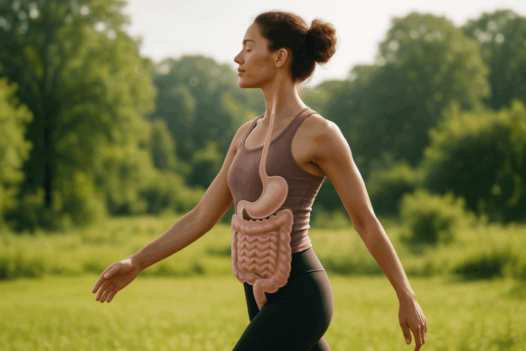 Woman walking outdoors with upright posture and sunlight highlighting her core alignment, illustrating what helps digestion through movement and posture.