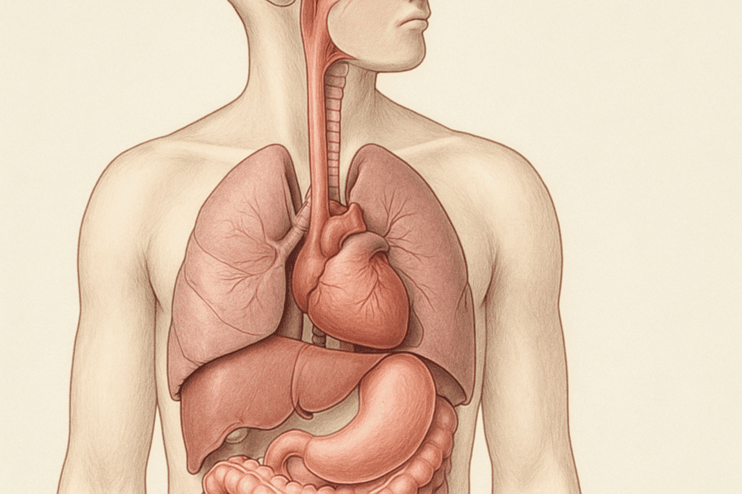 Medical illustration showing what happens at the esophagus as it connects the throat to the stomach, with nearby heart, trachea, and diaphragm structures