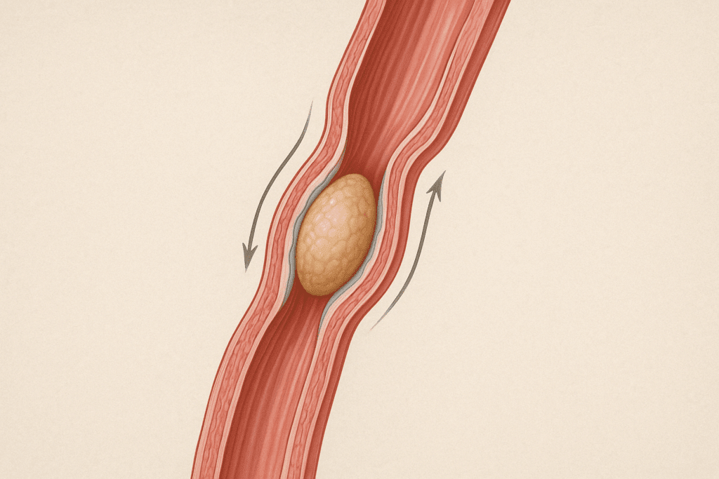 Cross-section of the esophagus showing what happens at the esophagus during swallowing, with a food bolus moving through its four tissue layers.