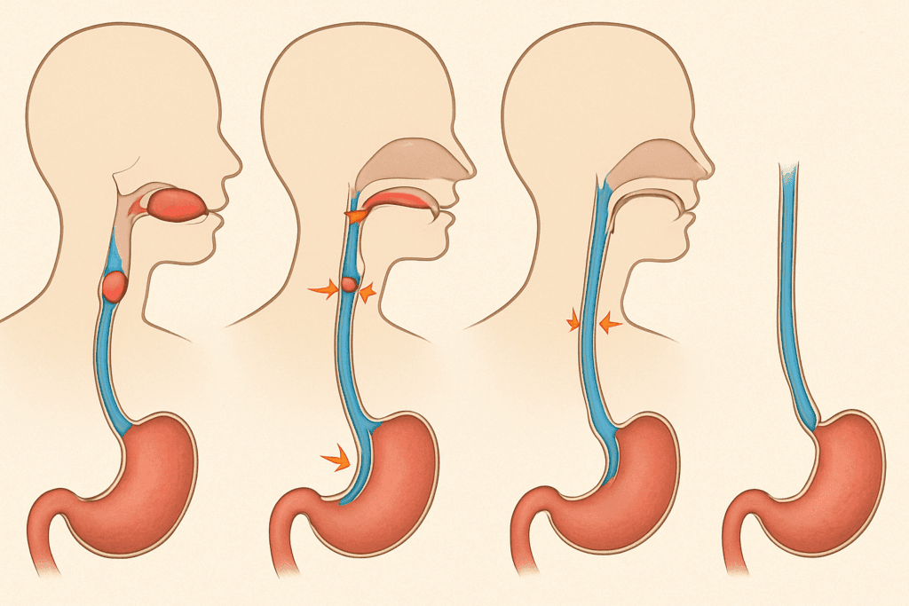 Medical diagram showing what happens at the esophagus during swallowing, from mouth to stomach with bolus movement and muscle contractions