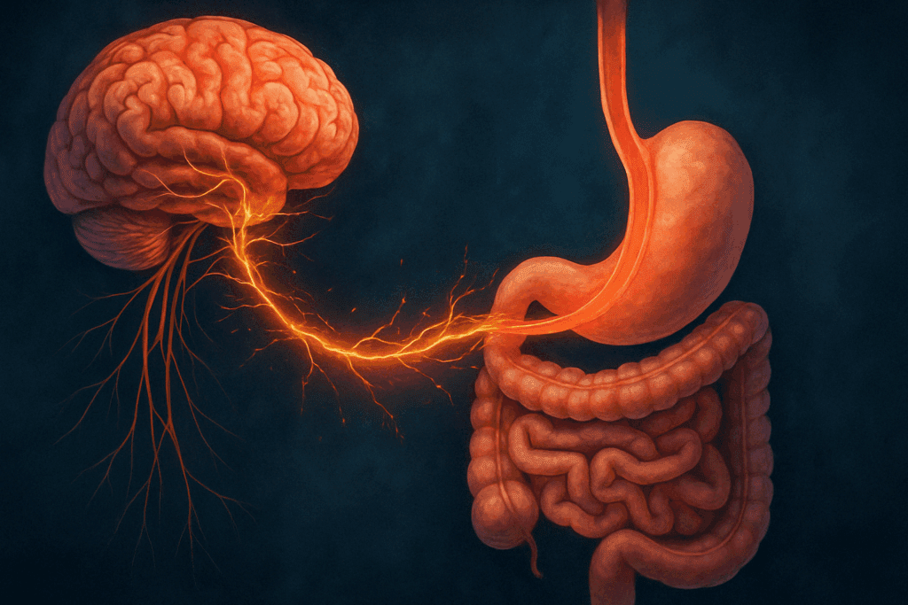 Medical illustration showing what happens at the esophagus in the gut-brain connection, with glowing neural pathways linking the brain to the digestive system
