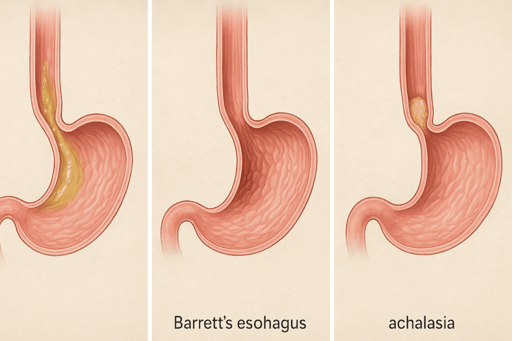 Medical illustration showing what happens at the esophagus with GERD acid reflux, Barrett’s esophagus cellular changes, and achalasia food blockage