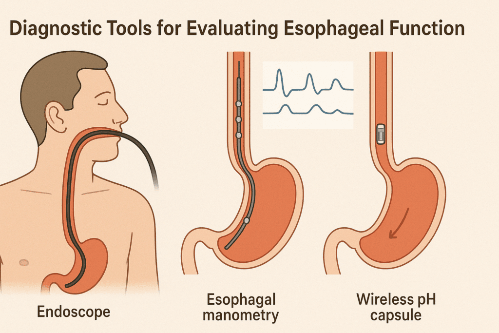 Infographic showing what happens at the esophagus during diagnostic tests like endoscopy, esophageal manometry, and wireless pH monitoring