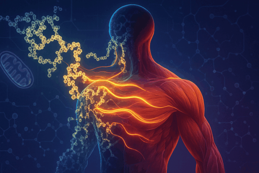 Scientific illustration showing how the body uses protein for energy, with molecular chains transforming into muscle and glowing energy waves.