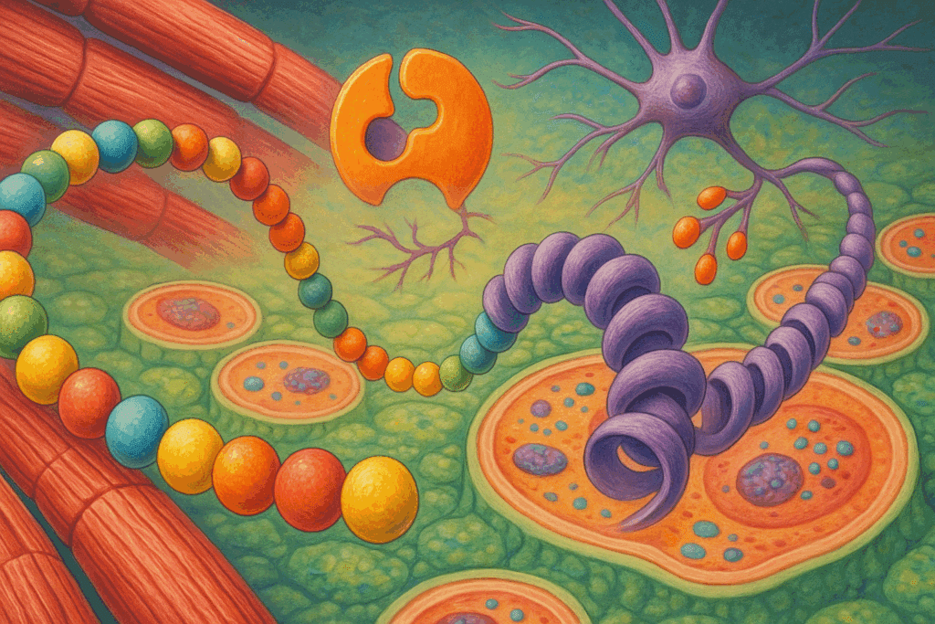 Amino acids forming a protein chain inside a human cell, illustrating how the body uses protein for energy through muscle building, enzymes, and neurotransmitters.