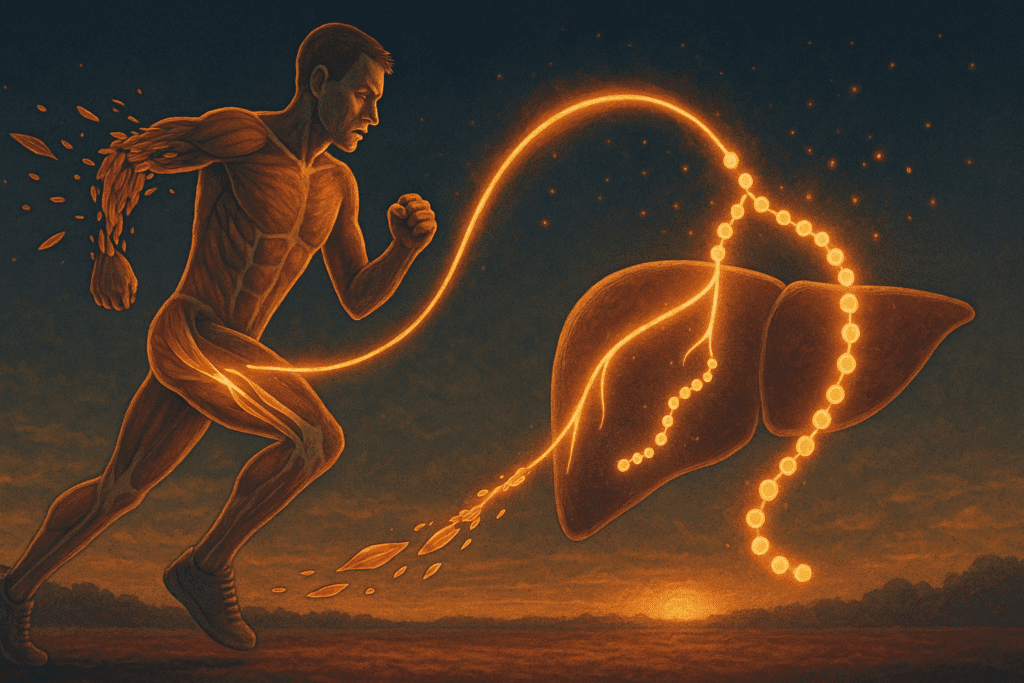 Human figure running while muscle tissue breaks down and converts into glucose in the liver, visualizing how the body uses protein for energy during stress