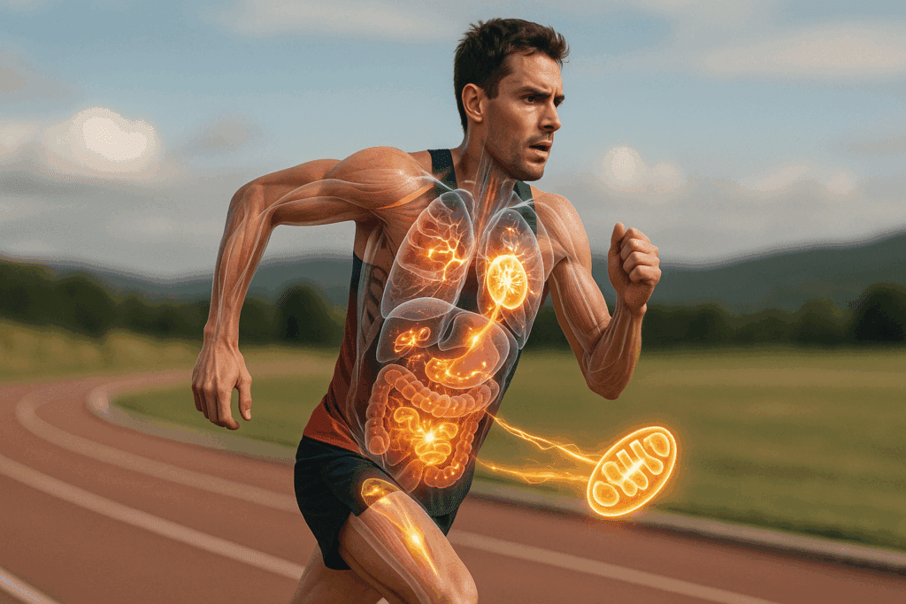 Endurance runner mid-race with anatomical overlay showing how the body uses protein for energy through BCAA oxidation and glowing mitochondria
