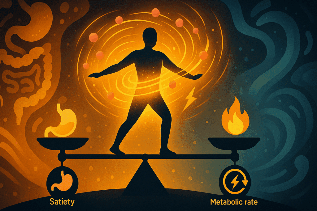 Silhouette of a person balancing between icons symbolizing satiety, thermic effect, and metabolic rate, with swirling protein molecules and glowing energy to illustrate how the body uses protein for energy.