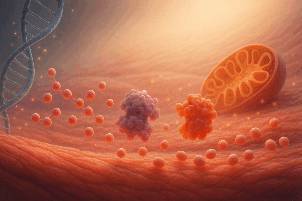 Molecular visualization of how the body uses protein for energy, showing amino acids, enzymes, mitochondria, and gene activity inside a muscle cell.