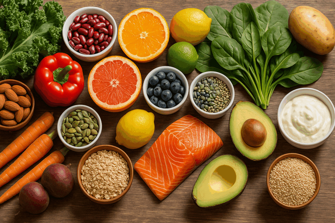 Colorful whole foods including leafy greens, citrus fruits, salmon, nuts, seeds, and grains on wood table illustrating what are micronutrients.