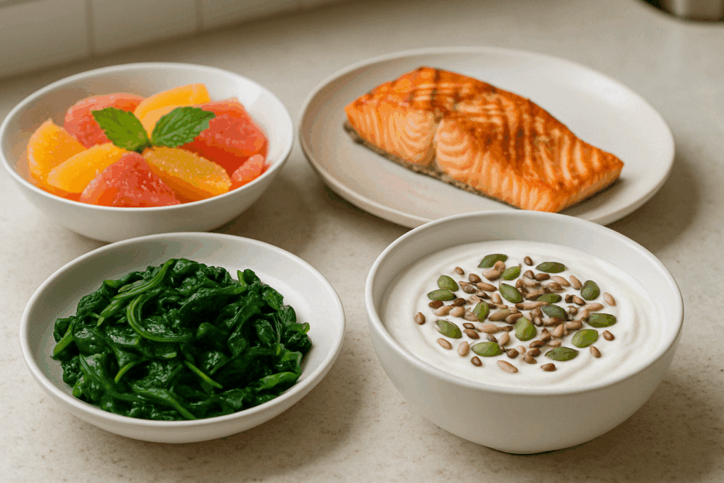 Freshly prepared meals on a kitchen counter showing examples of what are micronutrients, including spinach, citrus salad, grilled salmon, and yogurt with seeds.