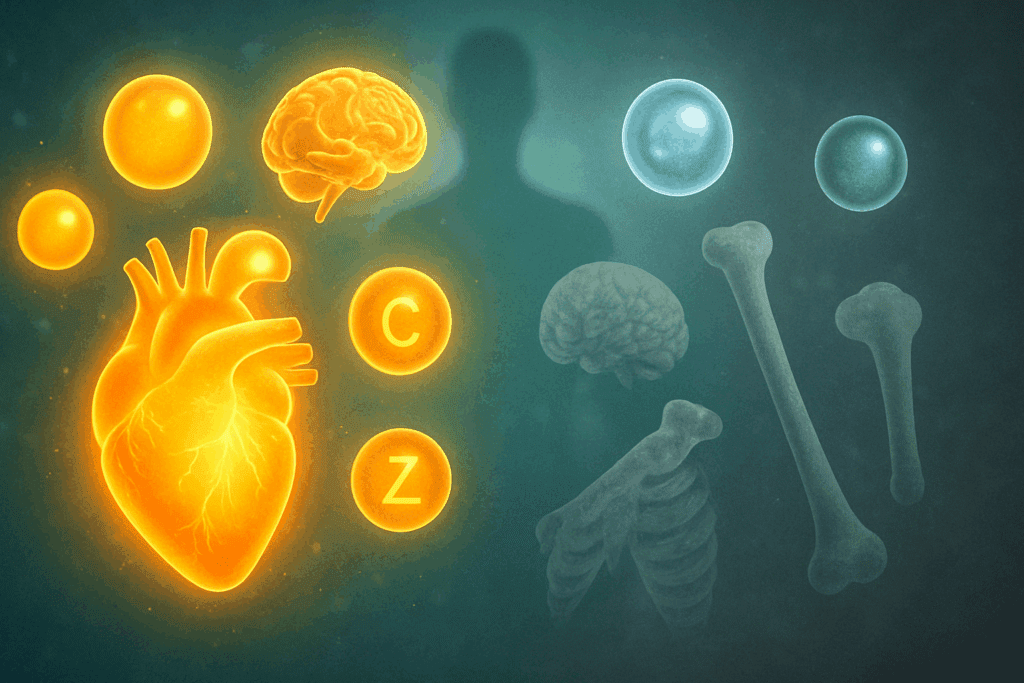 Split-view concept art illustrating what are micronutrients, showing glowing healthy organs supported by vitamin and mineral orbs beside faded, stressed organs lacking nutrients.