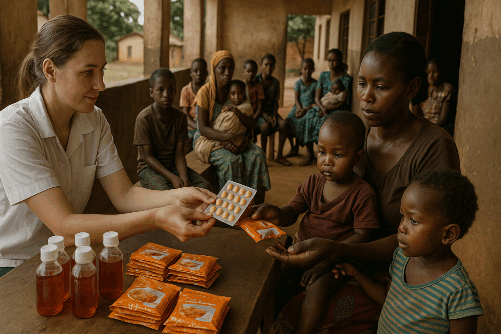 Healthcare worker distributing fortified foods and supplements to children in a rural clinic, illustrating what are micronutrients in global health programs