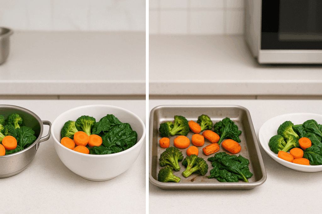 Side-by-side comparison of broccoli, carrots, and spinach cooked by steaming, boiling, roasting, and microwaving, illustrating effects on color and texture relevant to what are micronutrients