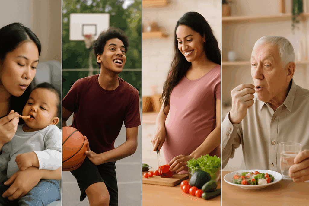 Collage showing life stages to illustrate what are micronutrients: baby being fed, teen playing sports, pregnant woman cooking, and senior taking supplements