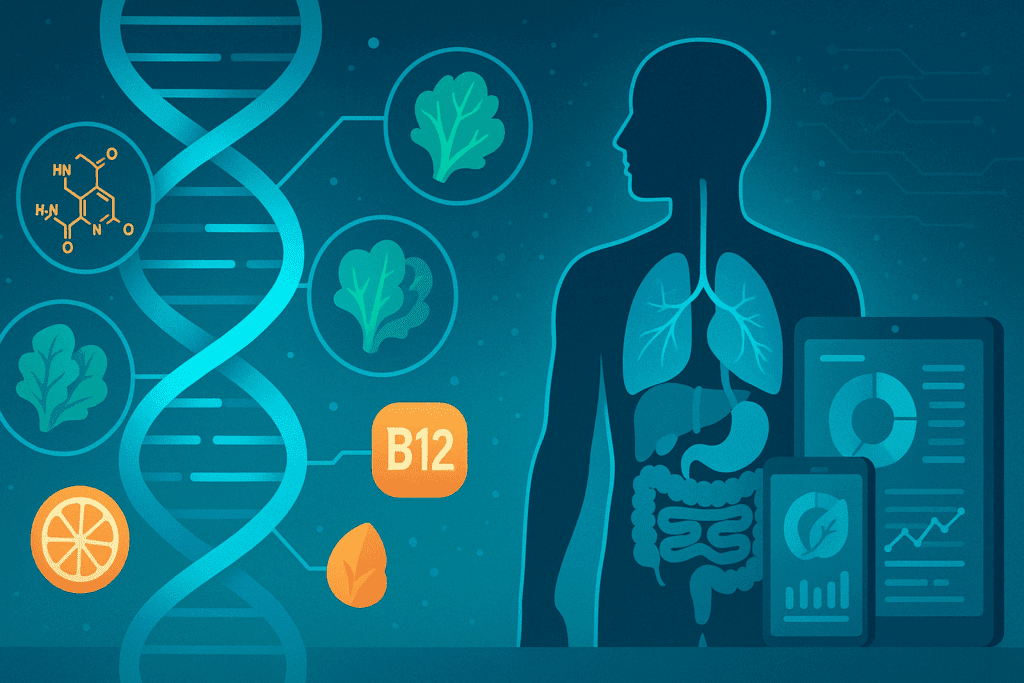 Futuristic infographic visualizing what are micronutrients through DNA, leafy greens, B12, folate, and human metabolism analysis
