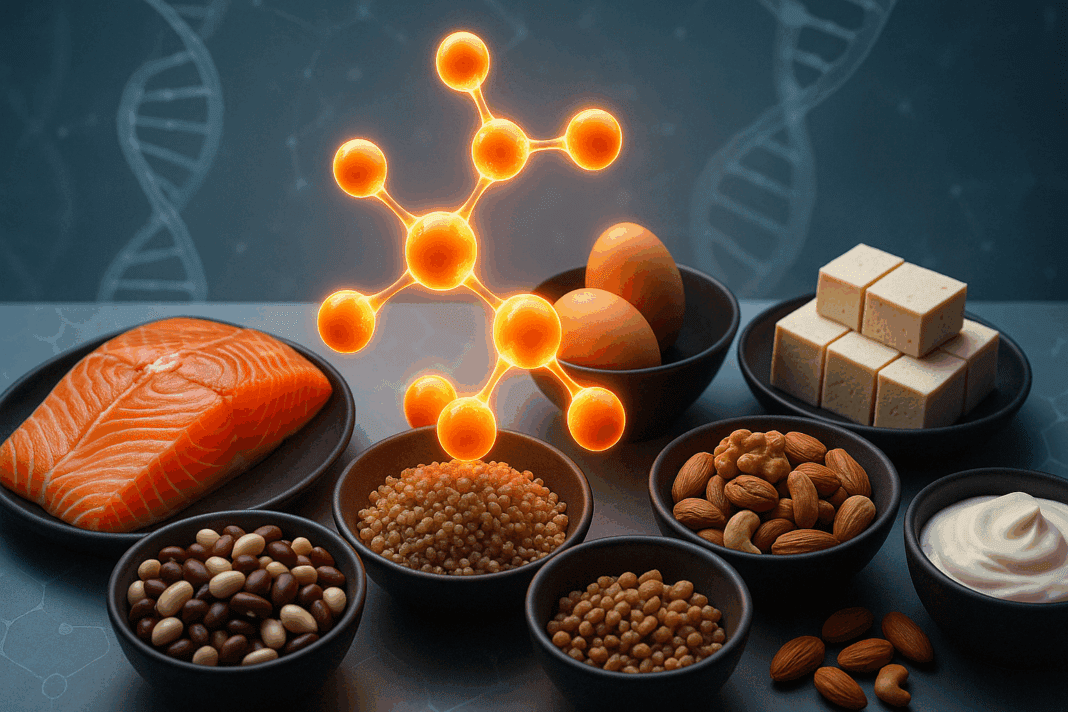 Protein-rich foods like salmon, eggs, tofu, beans, nuts, quinoa, and Greek yogurt surrounding a glowing amino acid structure, illustrating what are essential proteins in a scientific context
