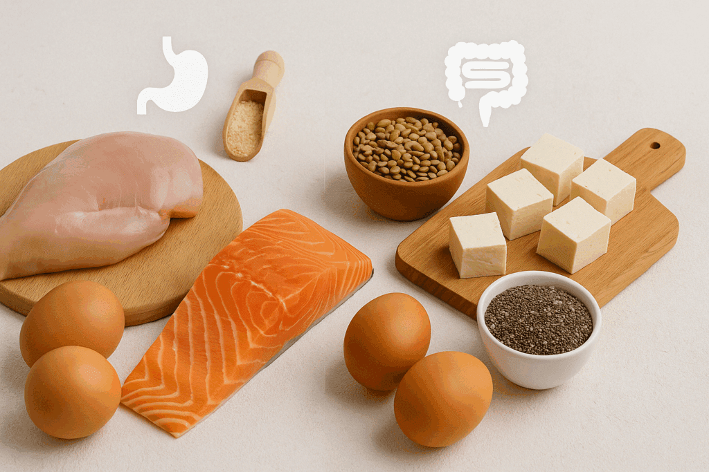Colorful side-by-side display of animal and plant foods showing what are essential proteins, including chicken, salmon, eggs, lentils, tofu, and chia seeds.