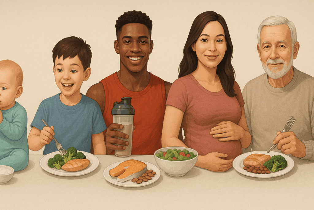 Diverse individuals at different life stages—infant, child, athlete, pregnant woman, and older adult—each eating protein-rich foods, visually answering what are essential proteins across the lifespan.