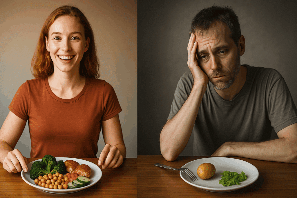 Healthy woman eating a protein-rich meal beside a fatigued man with a nutrient-poor plate, illustrating what are essential proteins and the impact of protein deficiency.