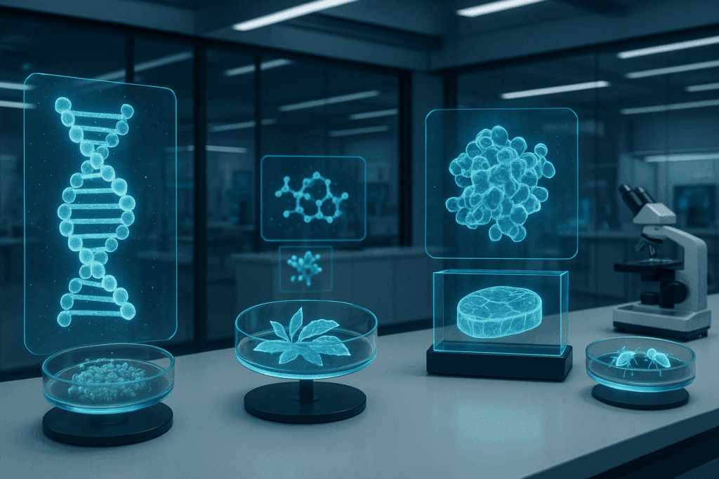 Futuristic lab with holograms of amino acid chains, algae, lab-grown meat, and insects illustrating what are essential proteins.