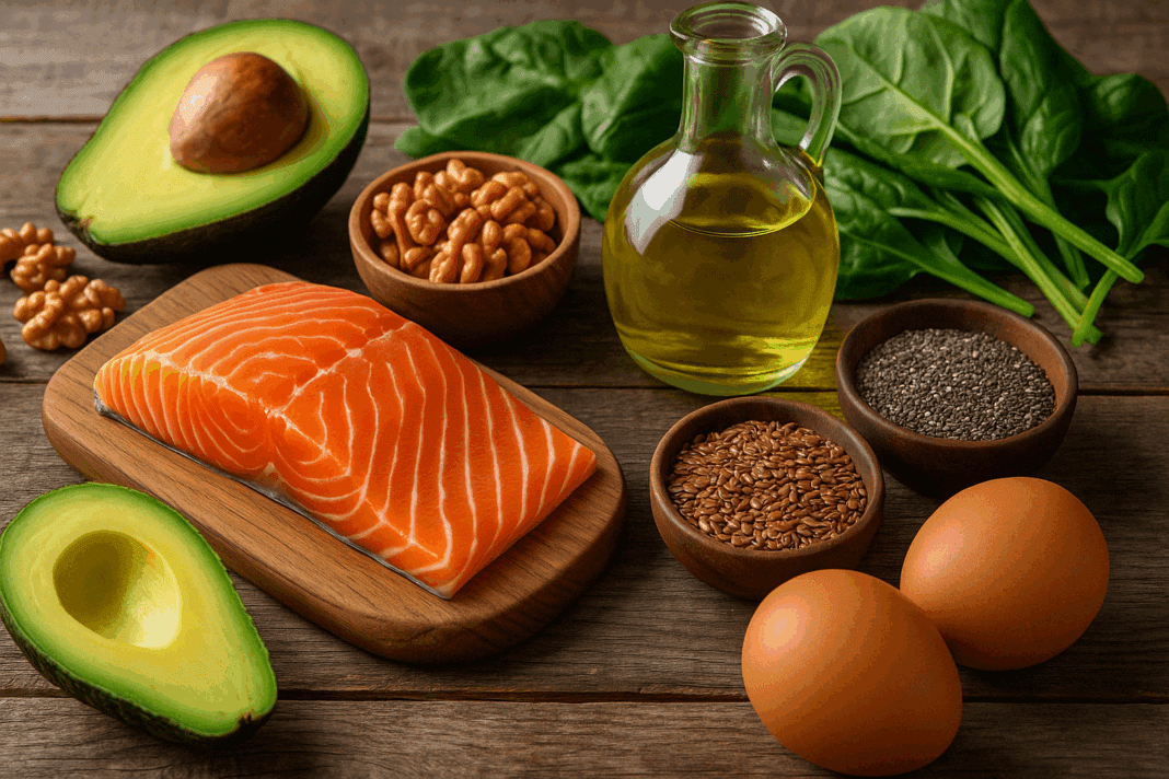 Assortment of foods rich in what are considered fatty acids, including salmon, avocado, walnuts, olive oil, chia and flaxseeds, eggs, and leafy greens on a rustic wooden table.